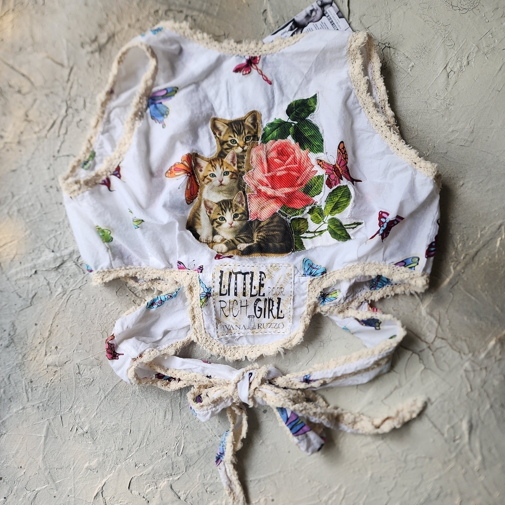 Upcycled Couture European Cotton White Top Appliqué Cat Magnolia Rose Lace
